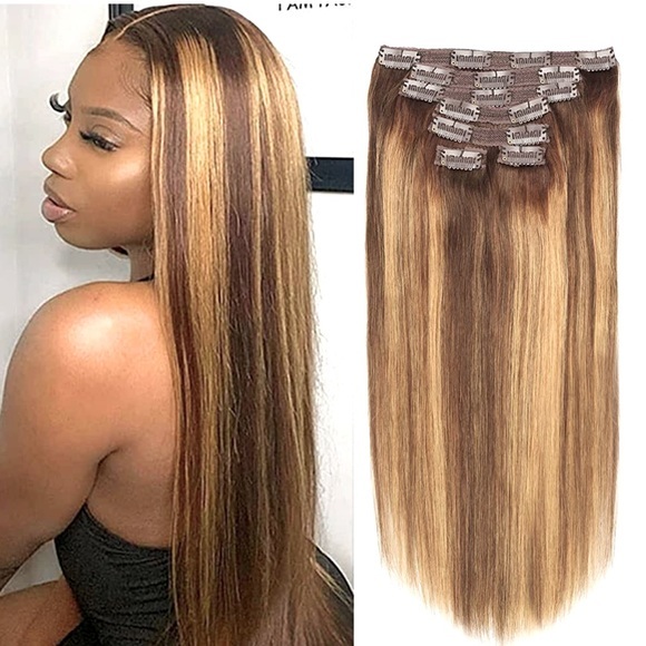 Other - 14” Chocolate Brown to Caramel Blonde 4/27 Clip In Human Hair Extensions 120g ME